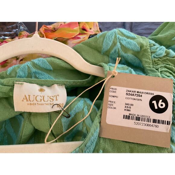 AUGUST RESORTWEAR ZAKAR GREEN LAUREL LEAF BALLOON SLEEVE MAXI DRESS SZ XS/S $240 - Picture 11 of 11